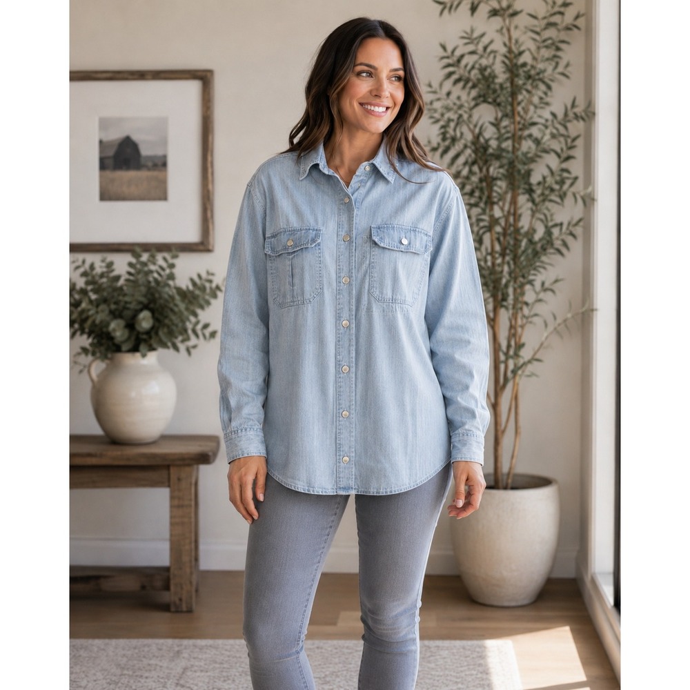 Vintage St Johns Bay Denim Shirt Large Tall Light Wash Cotton Button Up Western